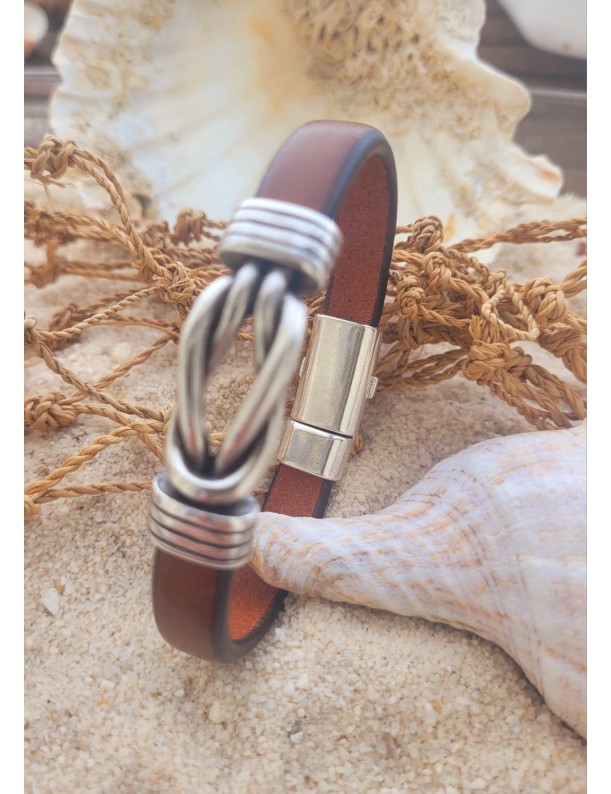 Bracciale nautico pelle nodo metallo marrone | Salotto