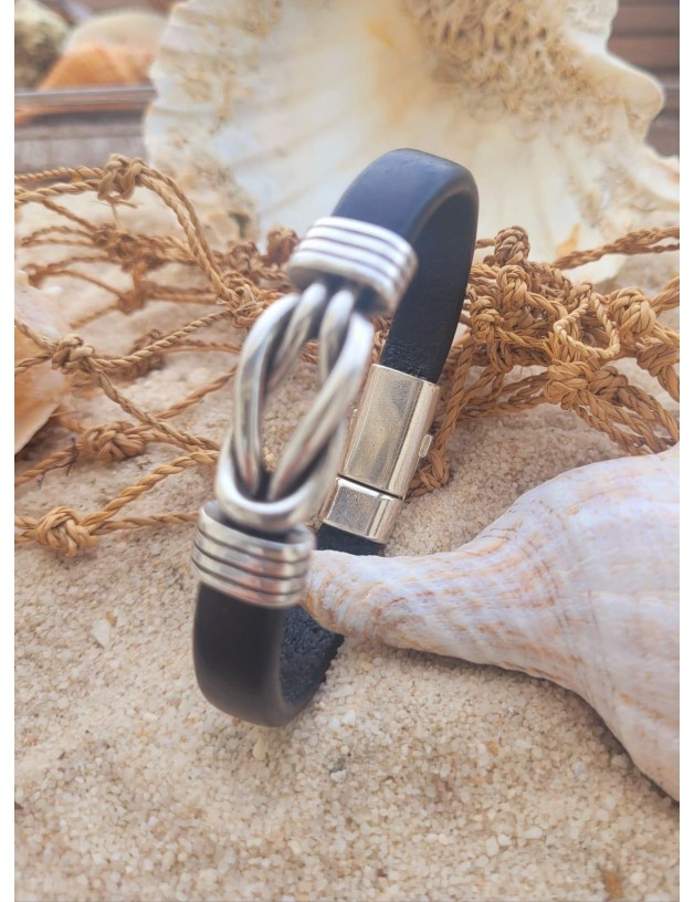 Pulsera náutica piel nudo metal negro | Salotto