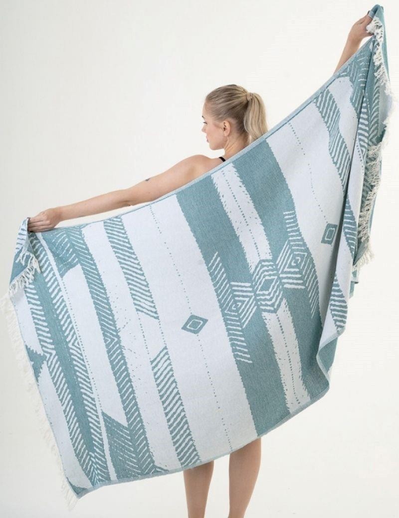 Fouta a righe etnica 100% cotone turco. 360 gr. verde acqua | Salotto