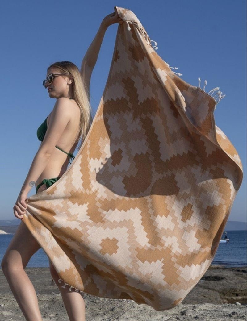 Fouta géométrique 100% coton turc. 360 gr. camel | Salotto