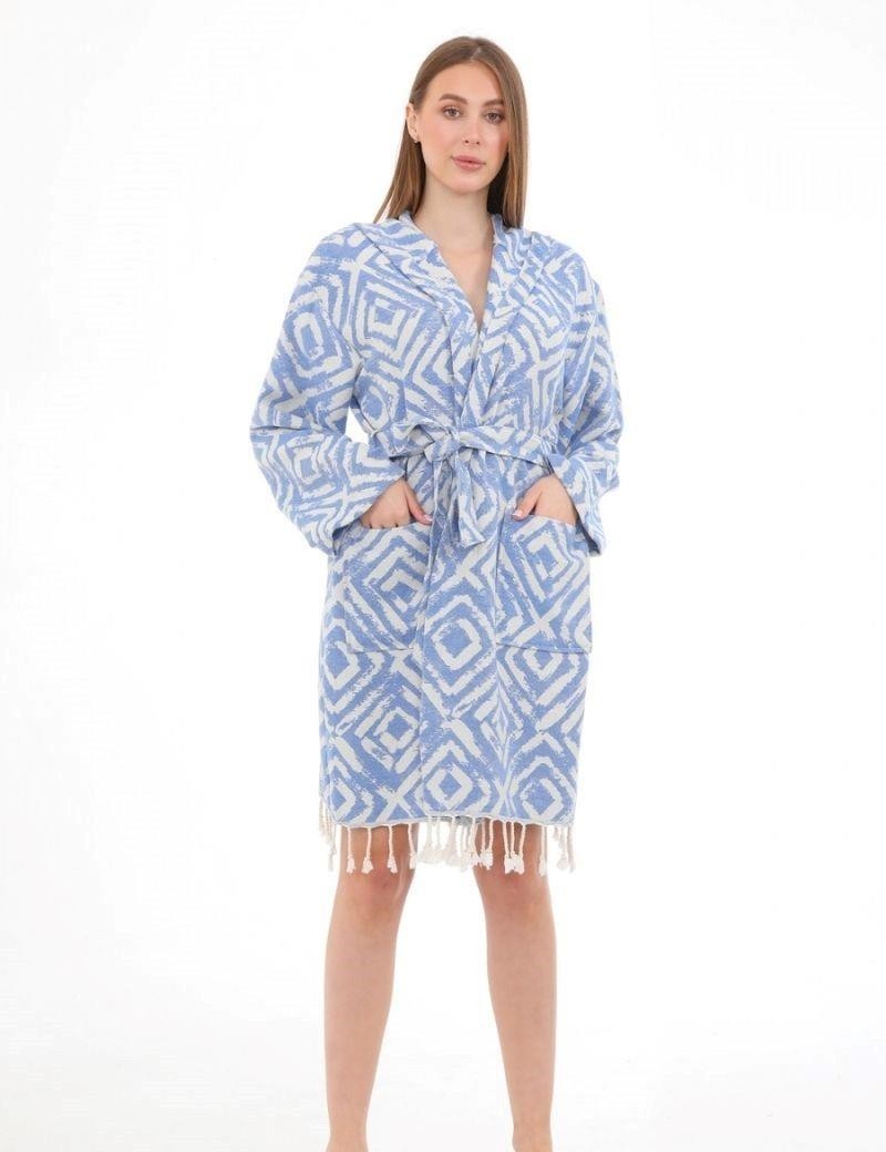 Fouta géométrique 100% coton turc. 365 gr. bleu jean | Salotto