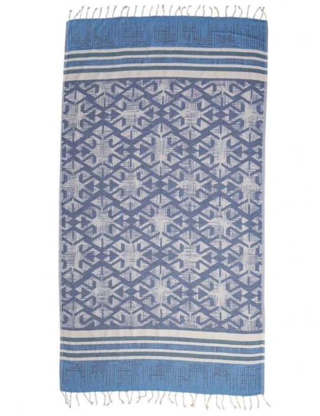 Fouta géométrique 100% coton turc. 365 gr. bleu jean | Salotto