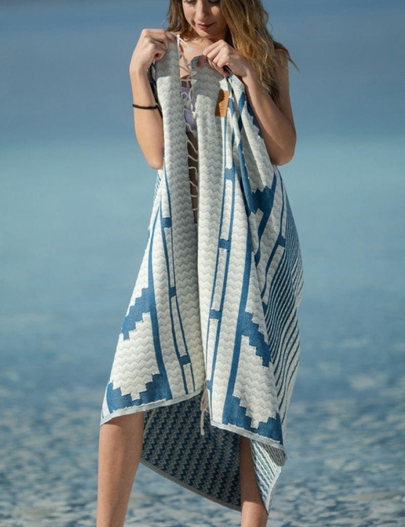 Fouta géométrique 100% coton turc. 420 gr. bleu jean | Salotto