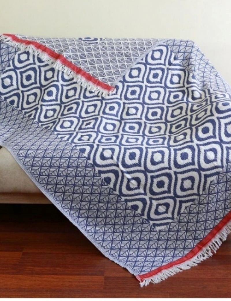 Fouta double - geometric blanket 100% Turkish cotton royal blue | Living room