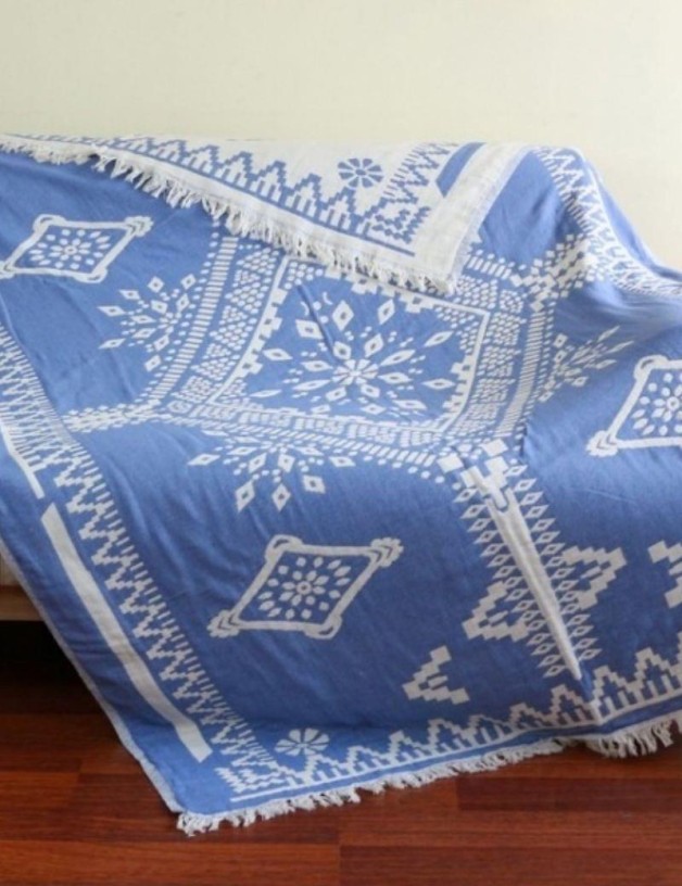 Fouta double - geometric blanket 100% Turkish cotton royal blue | Living room