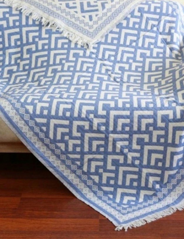 Fouta double - geometric blanket 100% Turkish cotton blue | Living room