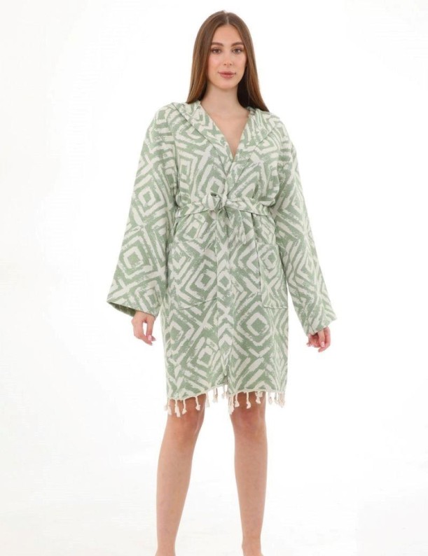 Albornoz estampado geométrico 100% algodón turco. verde khaki | Salotto