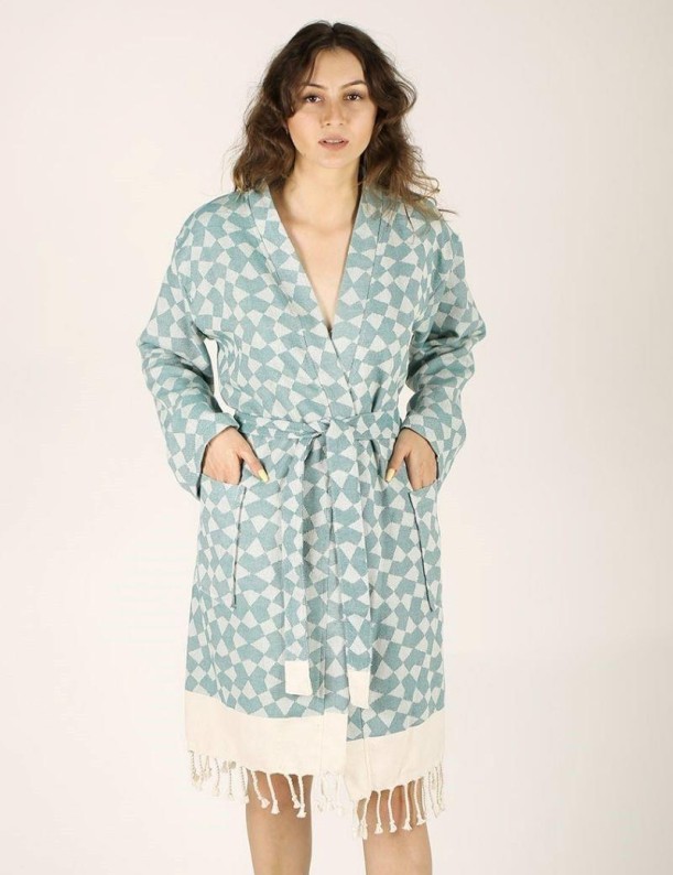 Albornoz geometric print 100% Turkish cotton aqua green | Salotto