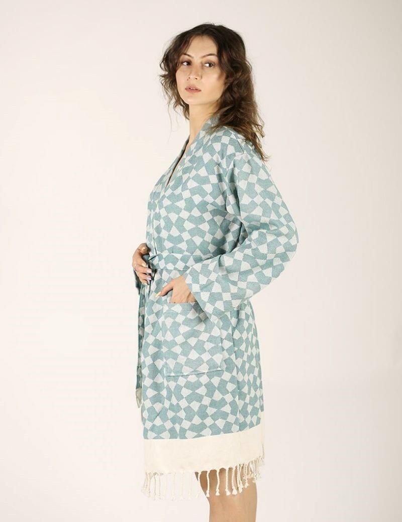 Albornoz estampado geométrico 100% algodón turco verde agua | Salotto