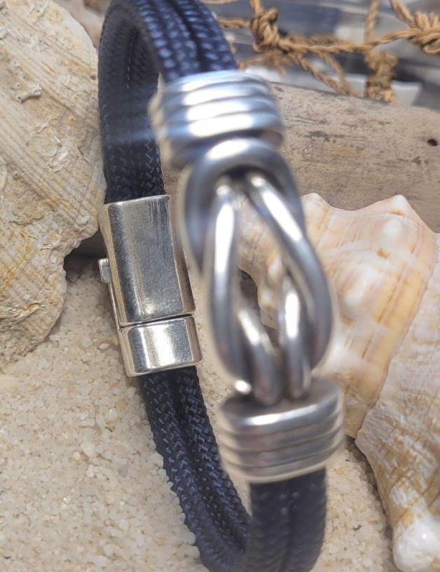 Bracelet nautique cuir nœud métal bleu marine | Salotto