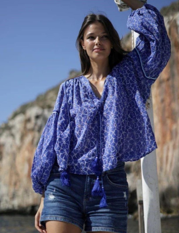 Blouse brodée boho salotto bleu royal | Salotto