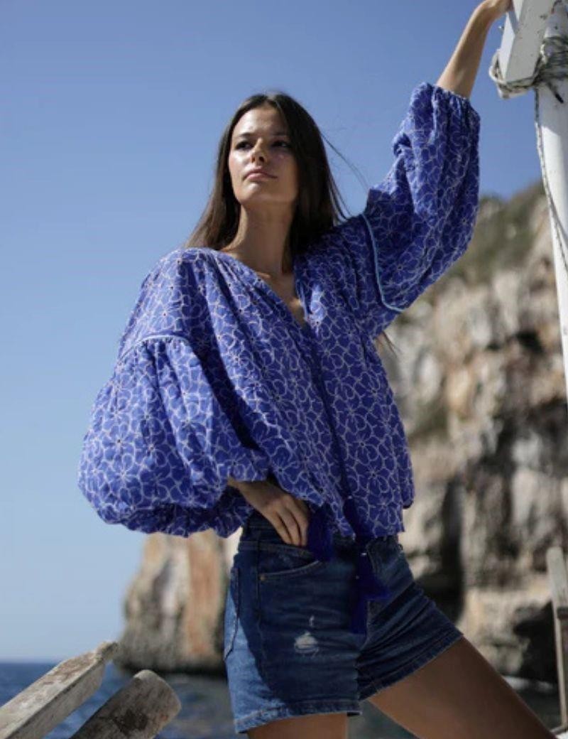 Blouse brodée boho salotto bleu royal | Salotto