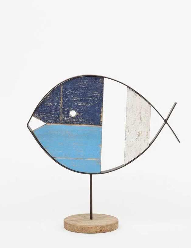 Poisson en métal et bois avec base bleue | Salotto