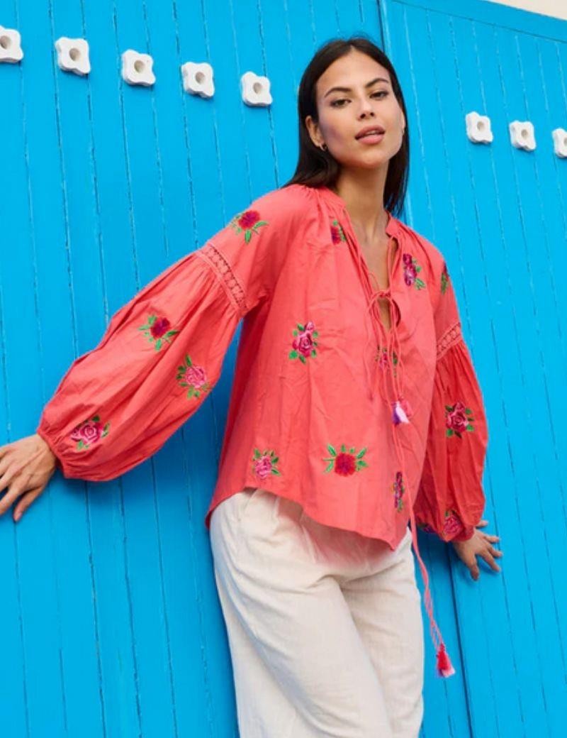 Embroidered floral boho blouse salotto coral | Salotto