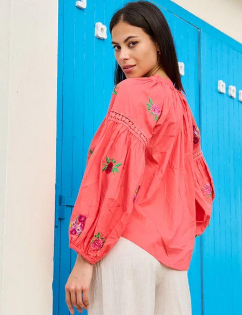 Embroidered floral boho blouse salotto coral | Salotto