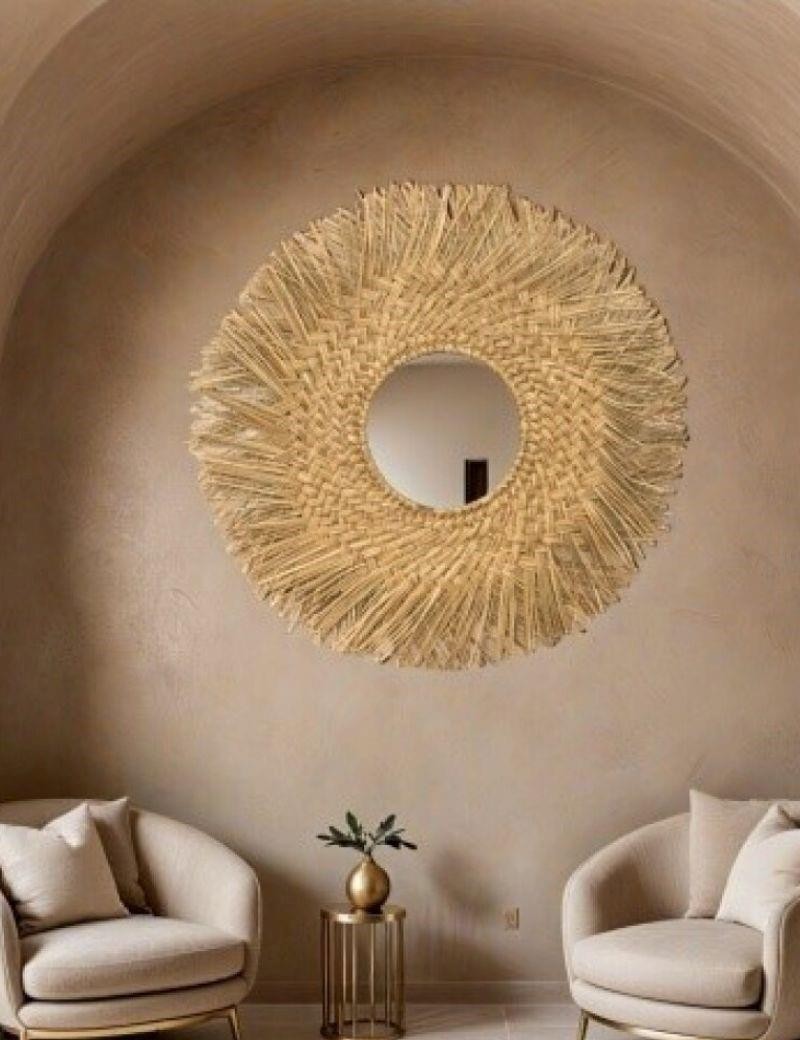 Specchio rotondo con frange in fibra naturale | Salotto
