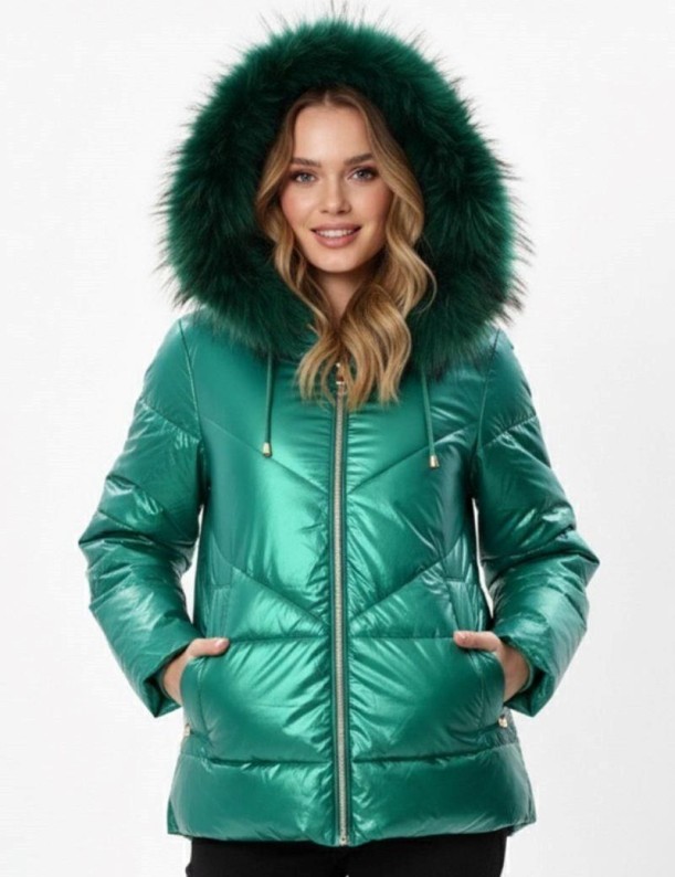 Plumifero capucha pelo zorro verde botella | Salotto