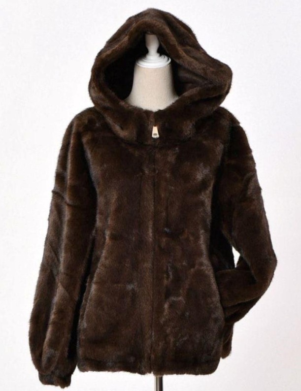 Giacca con cappuccio in pelo di visone sintetico marrone | Salotto
