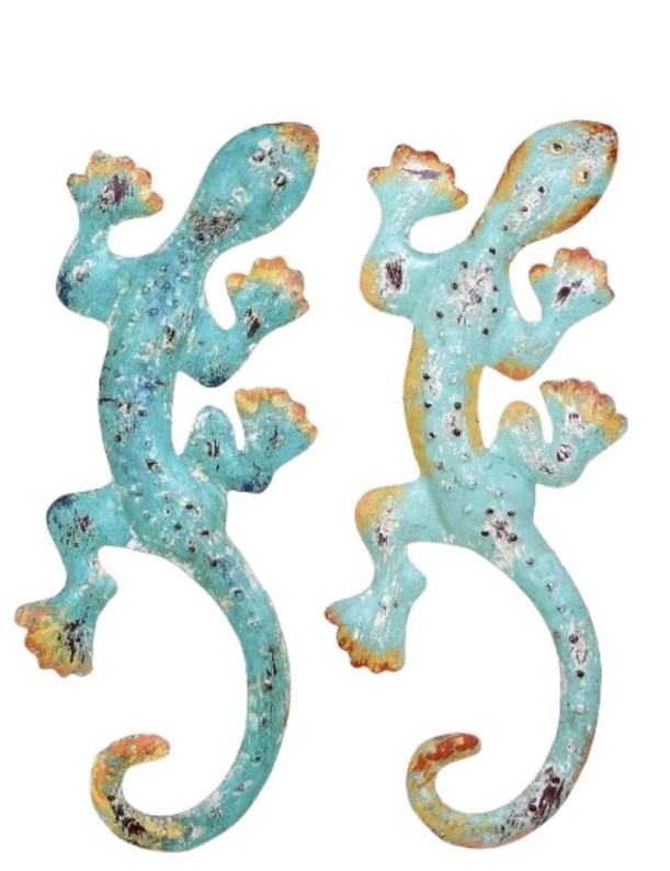 Figura de lagartija metálica para mesa y colgar verde agua | Salotto