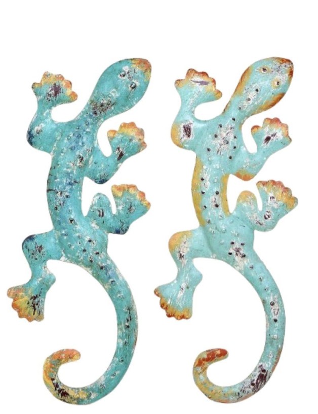 تمثال سحلية معدني للطاولة والتعليق أخضر مائي | سالوتو