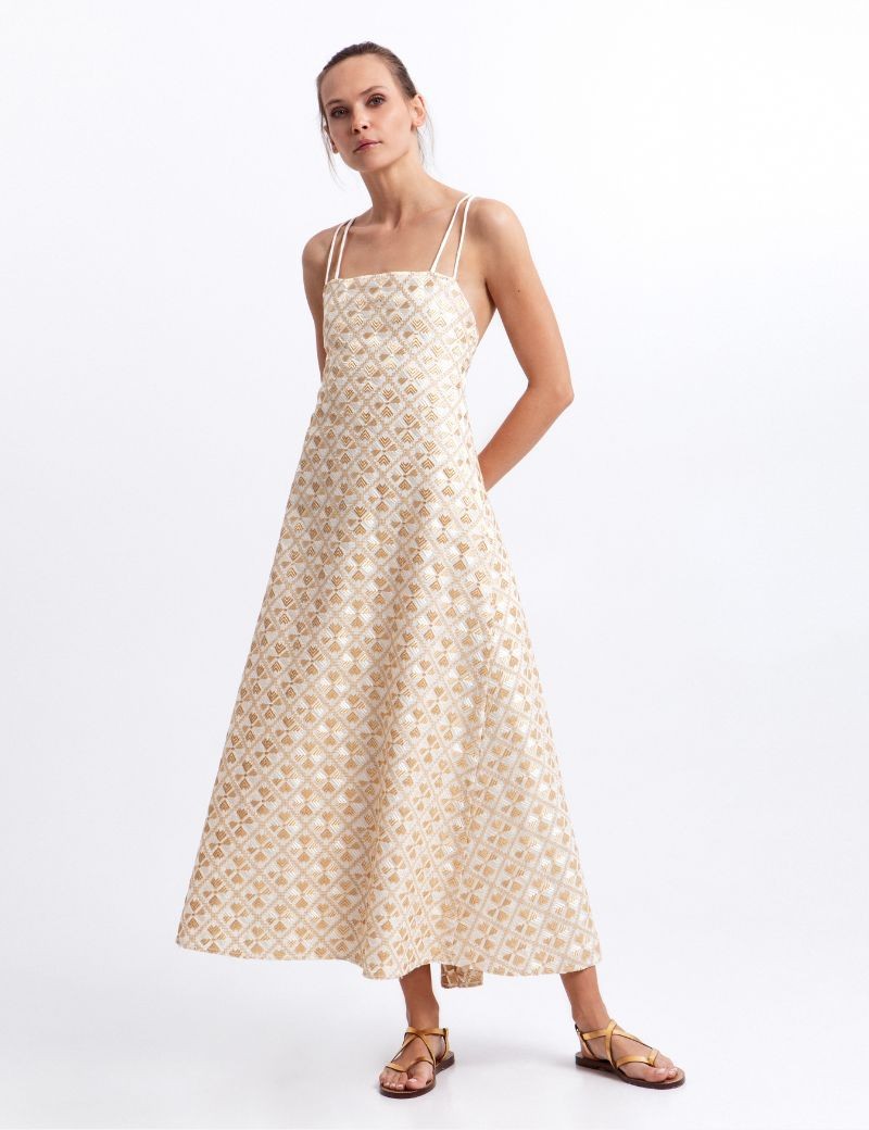 VESTIDO BORDADO DE PAJARITAS EN RAMIE GRIEGO – GREEK ARCHAIC KORI