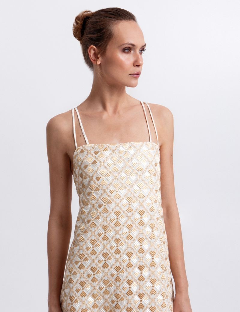 VESTIDO BORDADO DE PAJARITAS EN RAMIE GRIEGO – GREEK ARCHAIC KORI