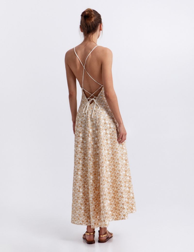 VESTIDO BORDADO DE PAJARITAS EN RAMIE GRIEGO – GREEK ARCHAIC KORI