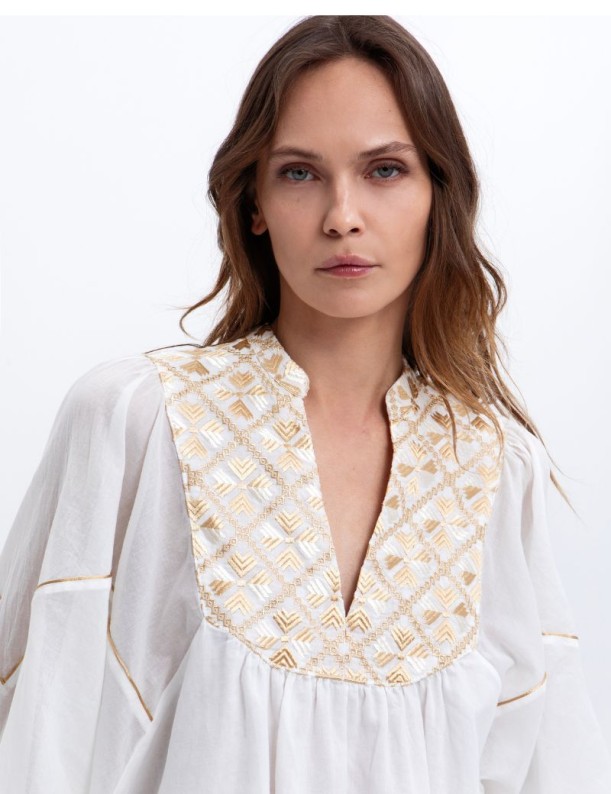 BLUSA BORDADA DE PAJARITAS EN RAMIE GRIEGO – GREEK ARCHAIC KORI