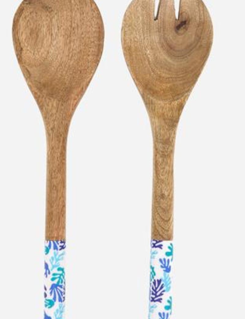 SET DE CUBIERTOS PARA ENSALADA DE MADERA ESMALTADA CORAL