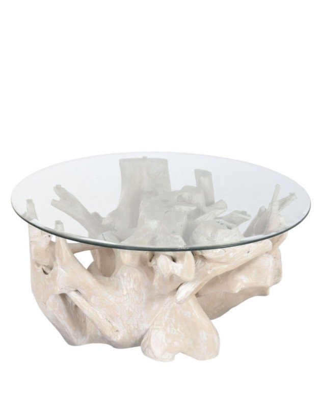 MESA CENTRO DE RAIZ DE TECA CON CRISTAL